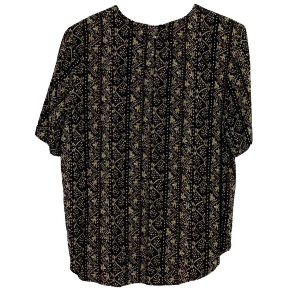 Vintage Made In USA Black Printed Rayon Blouse w Shoulder Pads Size 16 XL Womens